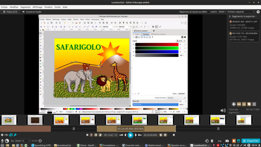Capture d'une découpe d'un tutoriel vidéo "Inkscape" avec LossLessCut
